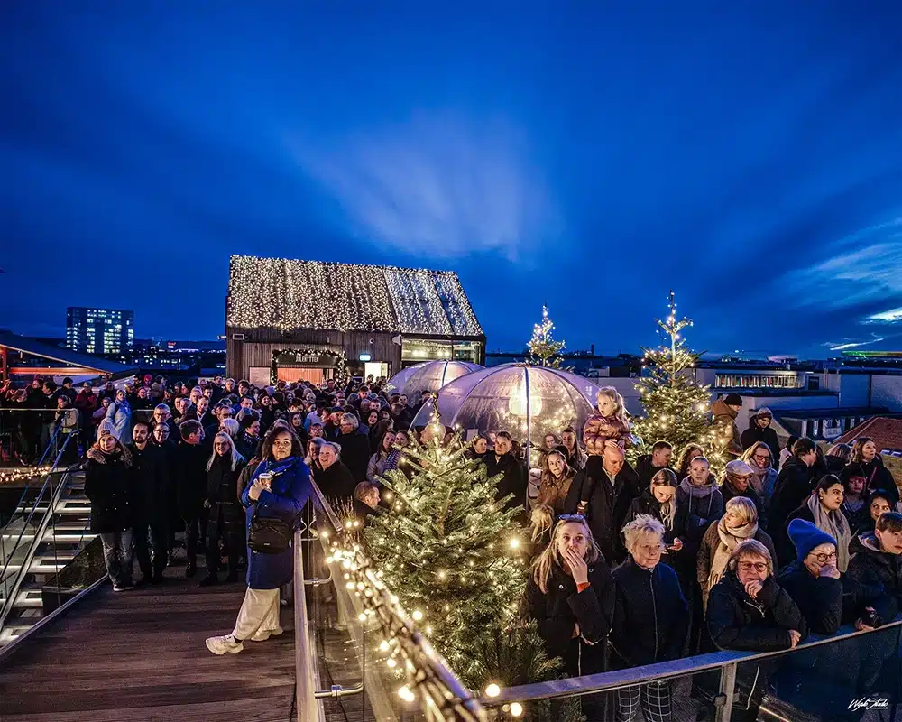 Udsigt over trappen op til Salling Christmas Garden med store lysende julekugler, juletræer og gæster på flere niveauer. Udsigt over trappen op til Salling Christmas Garden med store lysende julekugler, juletræer og gæster på flere niveauer.