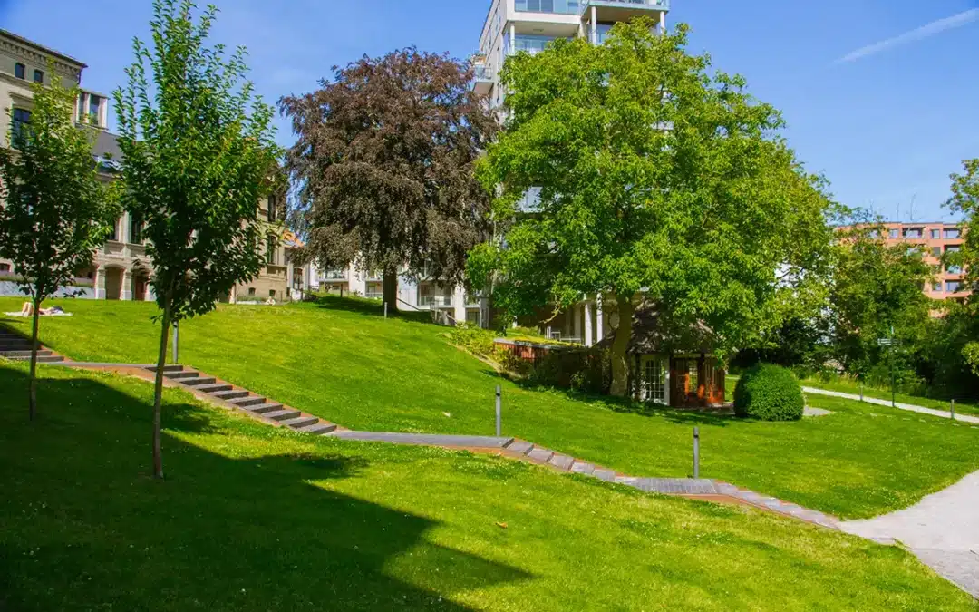 Trappe og groenne skraaninger mellem bygninger i Ceres Parken » Aarhus Inside Ceres Parken