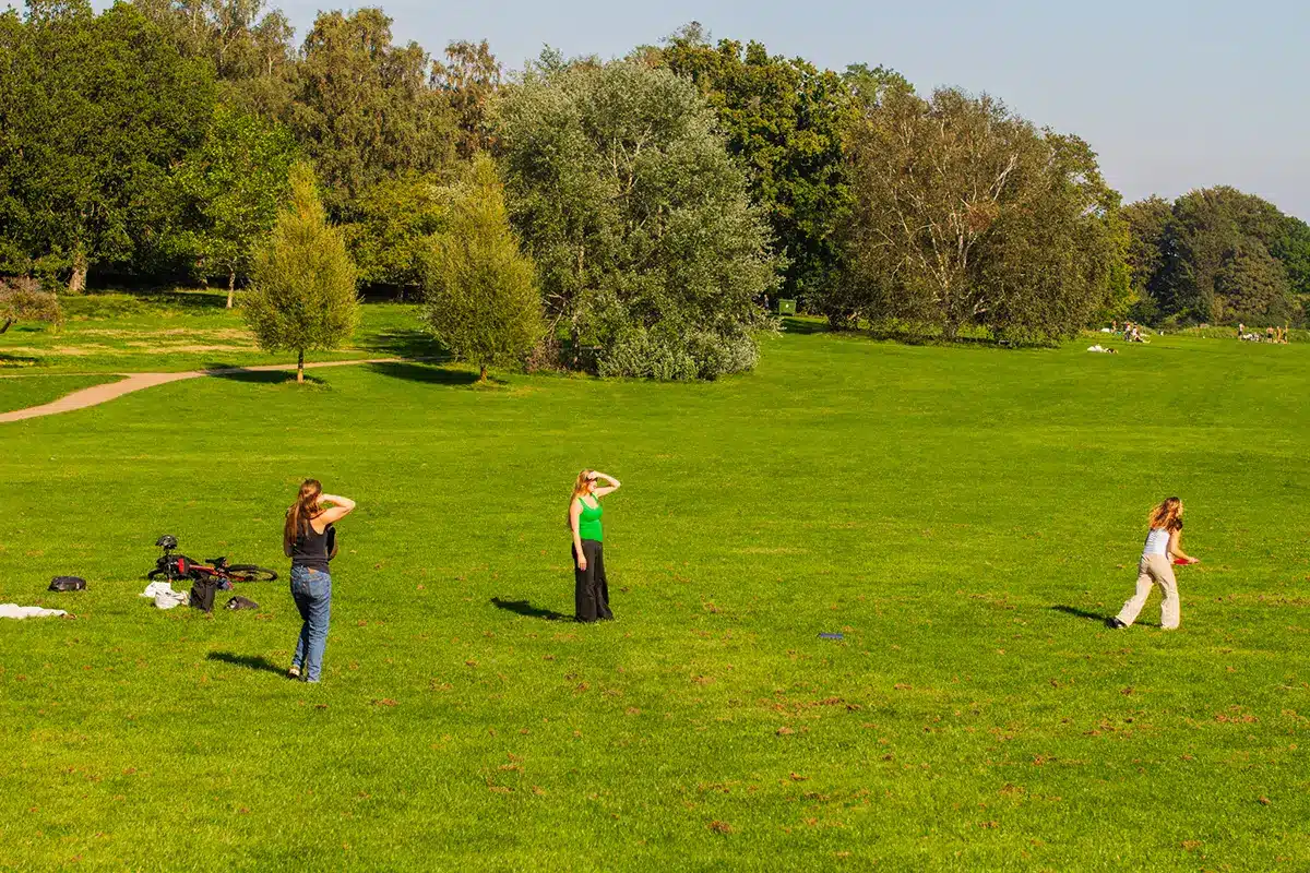 Unge nyder en solskinsdag med picnic på plænen i Mindeparken Unge nyder en solskinsdag med picnic på plænen i Mindeparken