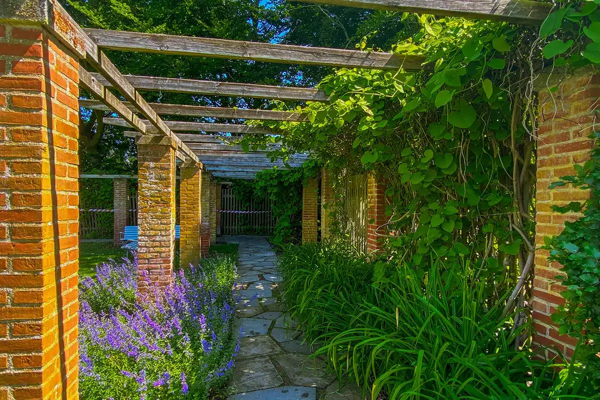 En hyggelig hvid bænk under en frodig pergola i Mindeparken En hyggelig hvid bænk under en frodig pergola i Mindeparken