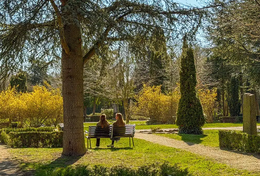 Aarhus’ smukkeste gåtur på Norde Kirkegård med bænk og to kvinder